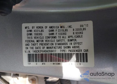 2013 Honda Accord Ex-L z USA, uszkodzony, nr VIN 1HGCR2F84DA268417